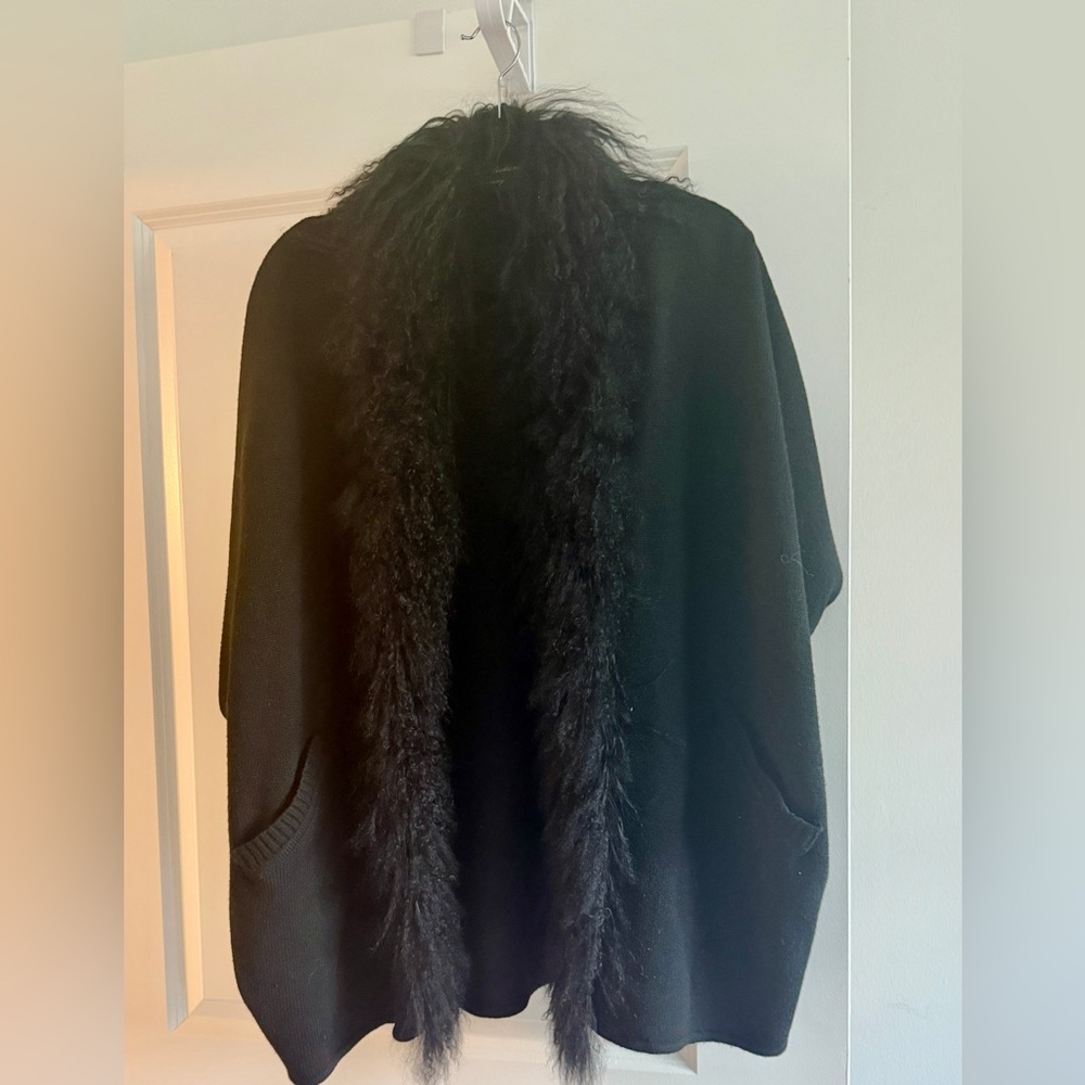 Linda Richards Elegant Black Fur Neck and trim Women's Cardigan Sweater jkt